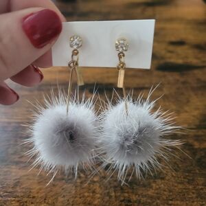 Elegant Gold and Grey Fur Pom Pom Earrings